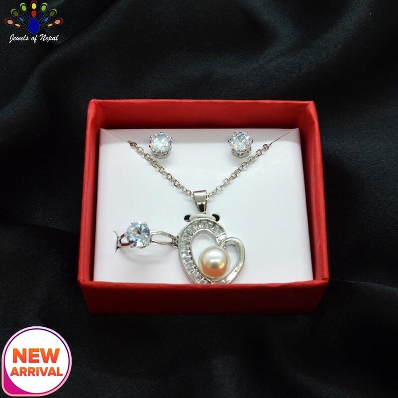 Jewels of Nepal Cubic Zirconia Studded Faux Pearl Heart Pendant Chain, Ear Studs and Finger Ring Set for Women