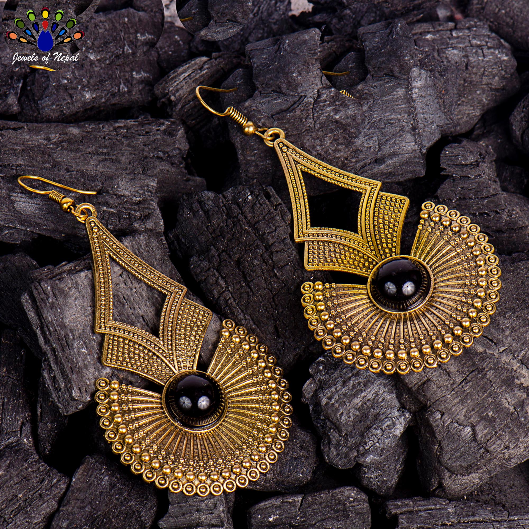 Golden/Silver Dot Patterned Long Drop Earrings For Women- Jewels of Nepal - Image 5