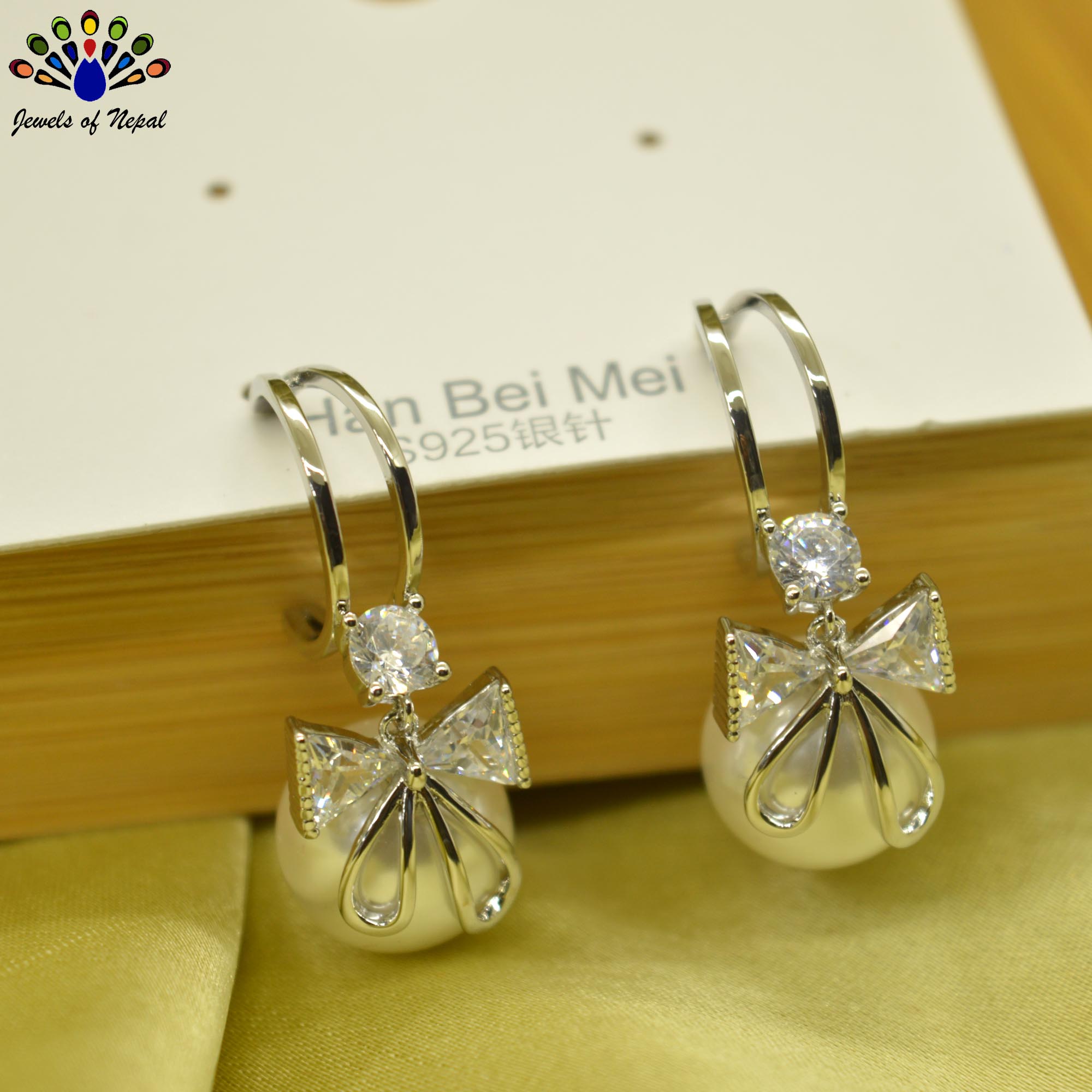 Jewels of Nepal CZ Stones Studdd S925 Faux Moti Drop Dangling C-Hoop Earrings For Women - Image 3