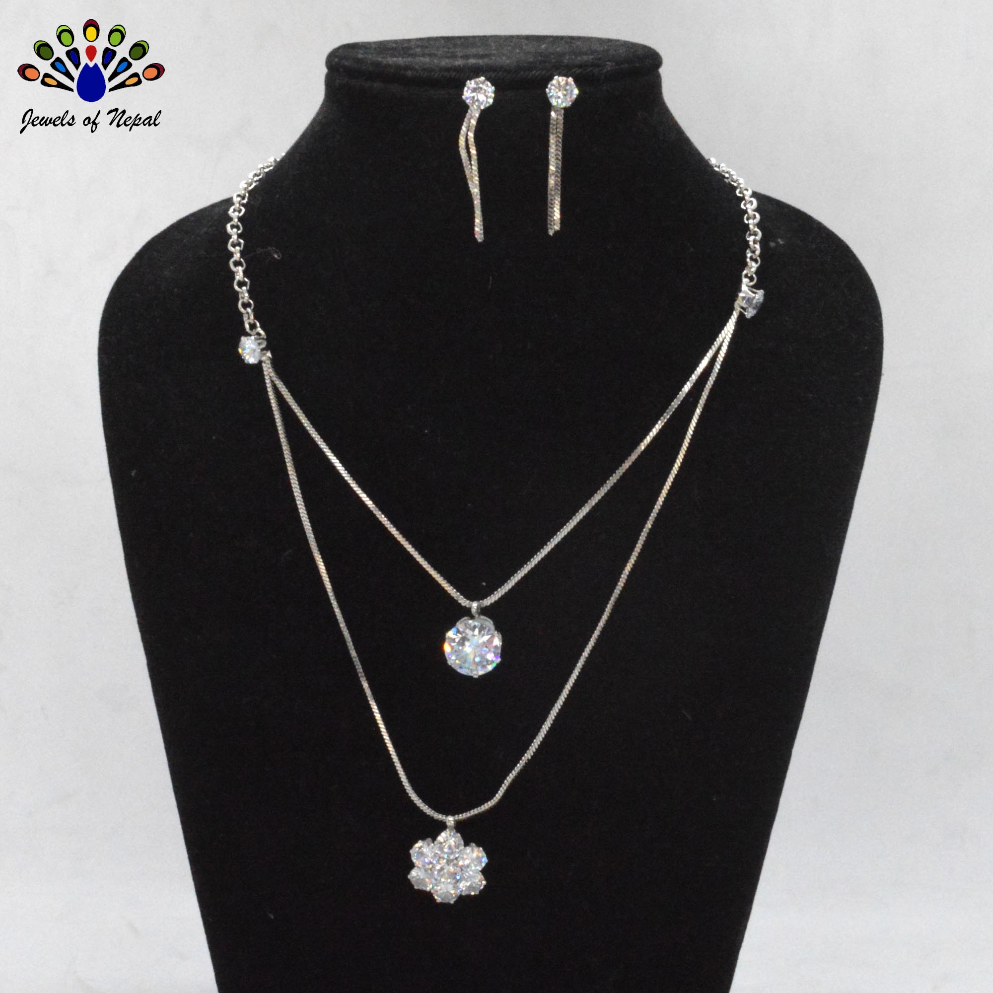 Jewels of Nepal American Diamond Stoned Layered Chain Pendant Necklace & Earrings Set for Women - Image 2