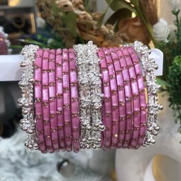 Jewels Of Jewels Of Nepal Pink Non-Breakable Acrylic Bangle Sets For Women Nepal Off-White Glass Bangle Sets For Women