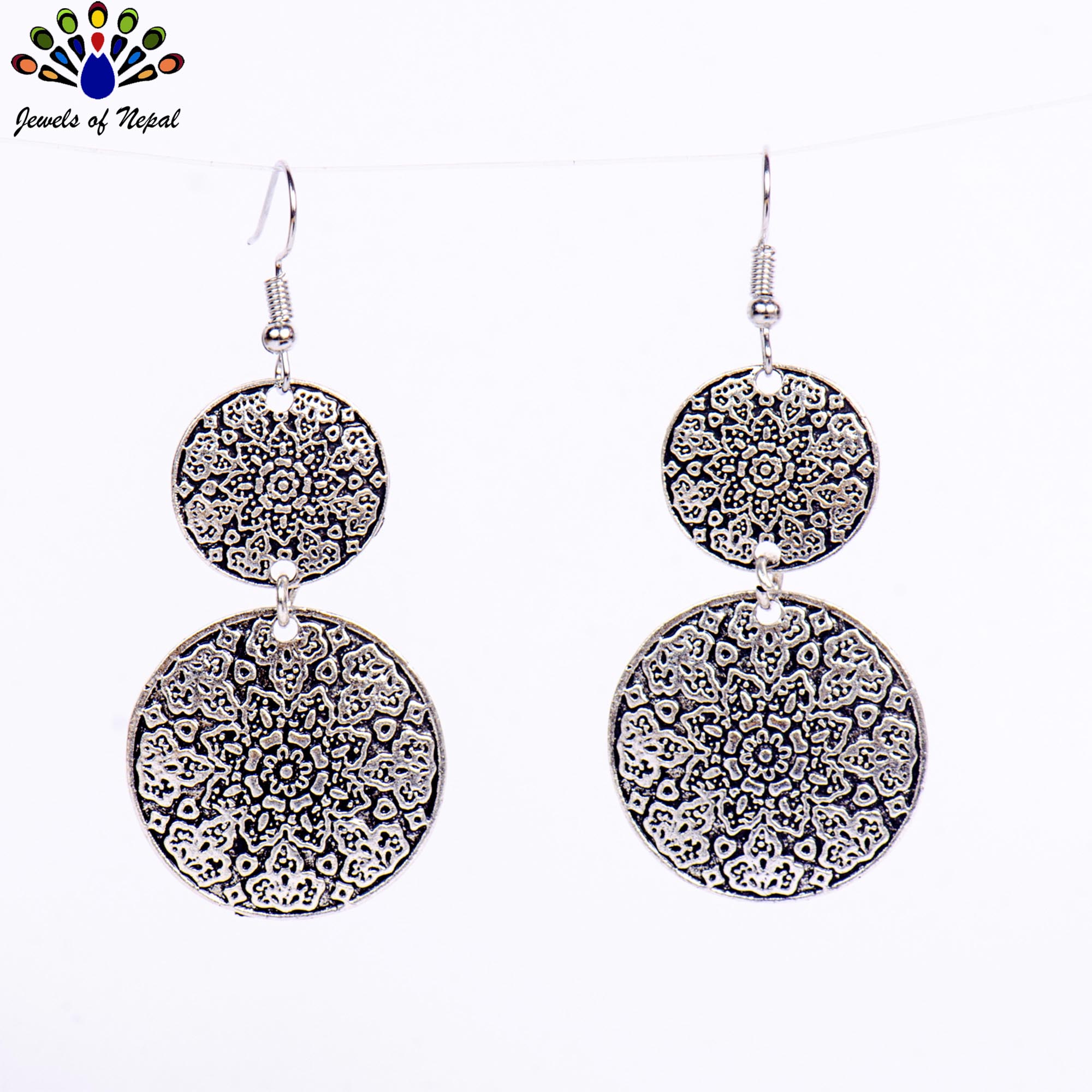 Silver Double Round Mandala Designed Drop Earrings For Women - Image 2