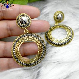 Jewels of Nepal Antique Gold Toned Rhinestone Studded Circular Dangling Earrings