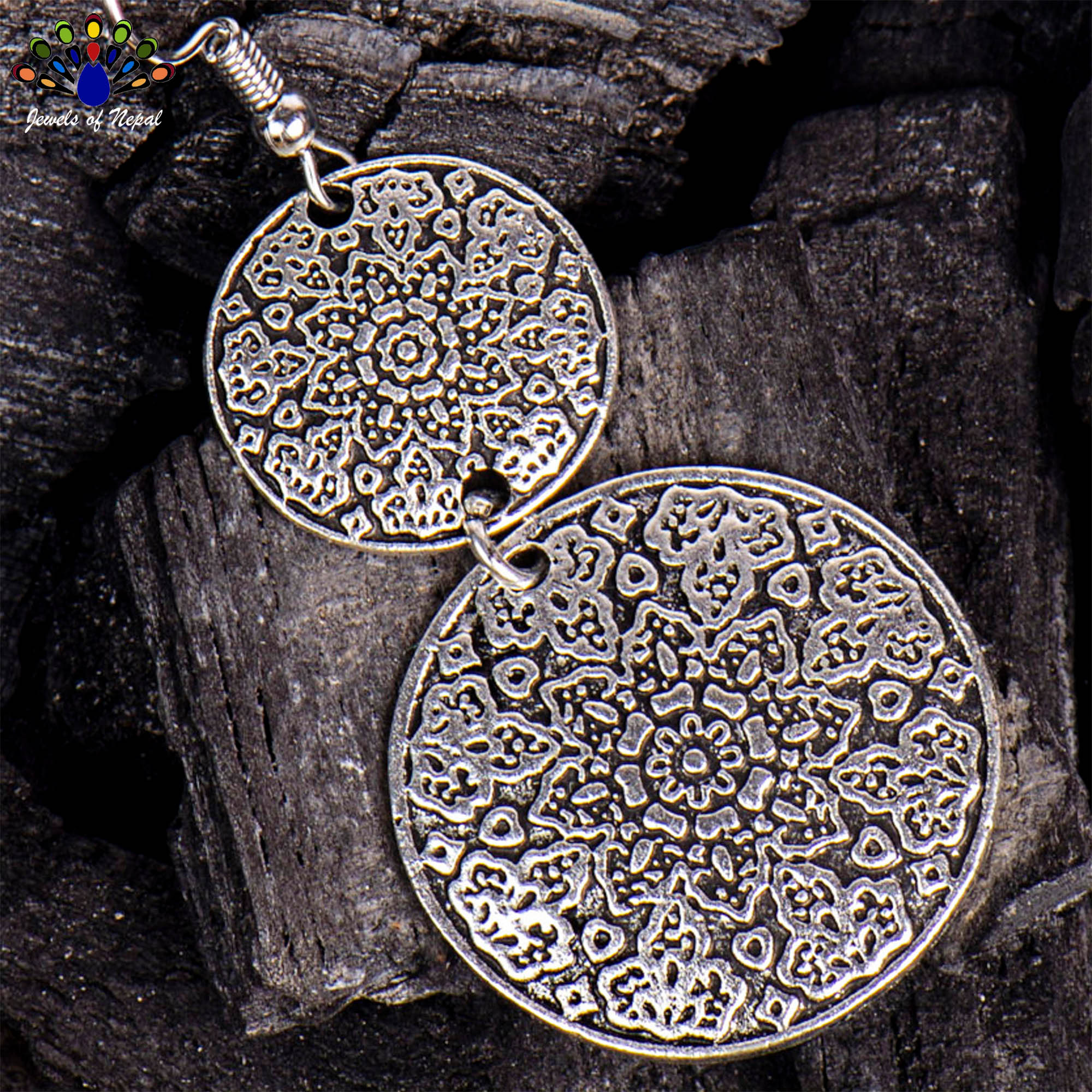 Silver Double Round Mandala Designed Drop Earrings For Women - Image 3