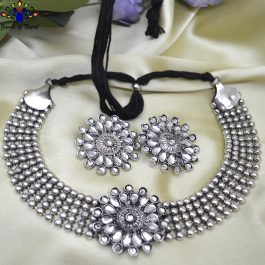 Silver/White Toned Floral Design Choker Necklace Set by Jewels of Nepal
