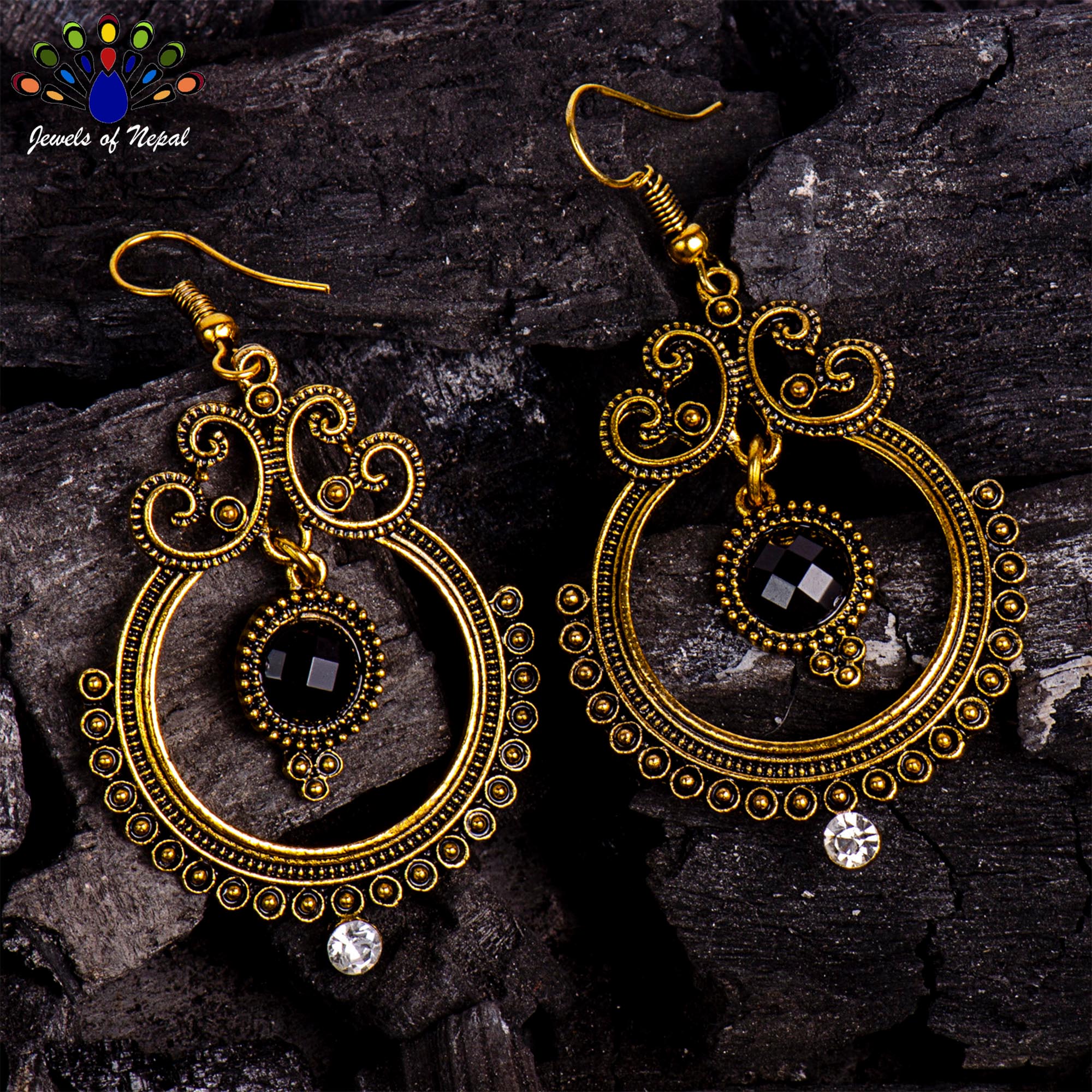Golden/Black Stoned Dot Textured Round Drop Earrings For Women - Image 5