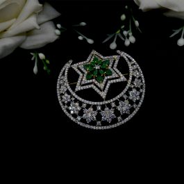 Jewels of Nepal Imitation Diamond (American Diamond) 5A Grade CZ Studded Crescent Moon and Double Star Designed Brooch for Women