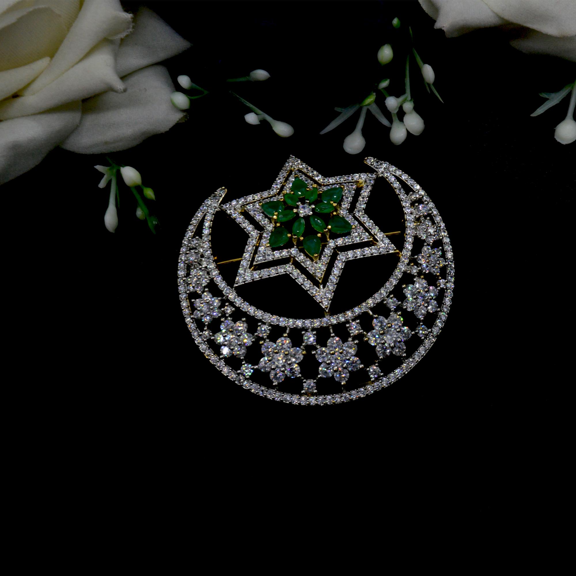 Jewels of Nepal Imitation Diamond (American Diamond) 5A Grade CZ Studded Crescent Moon and Double Star Designed Brooch for Women