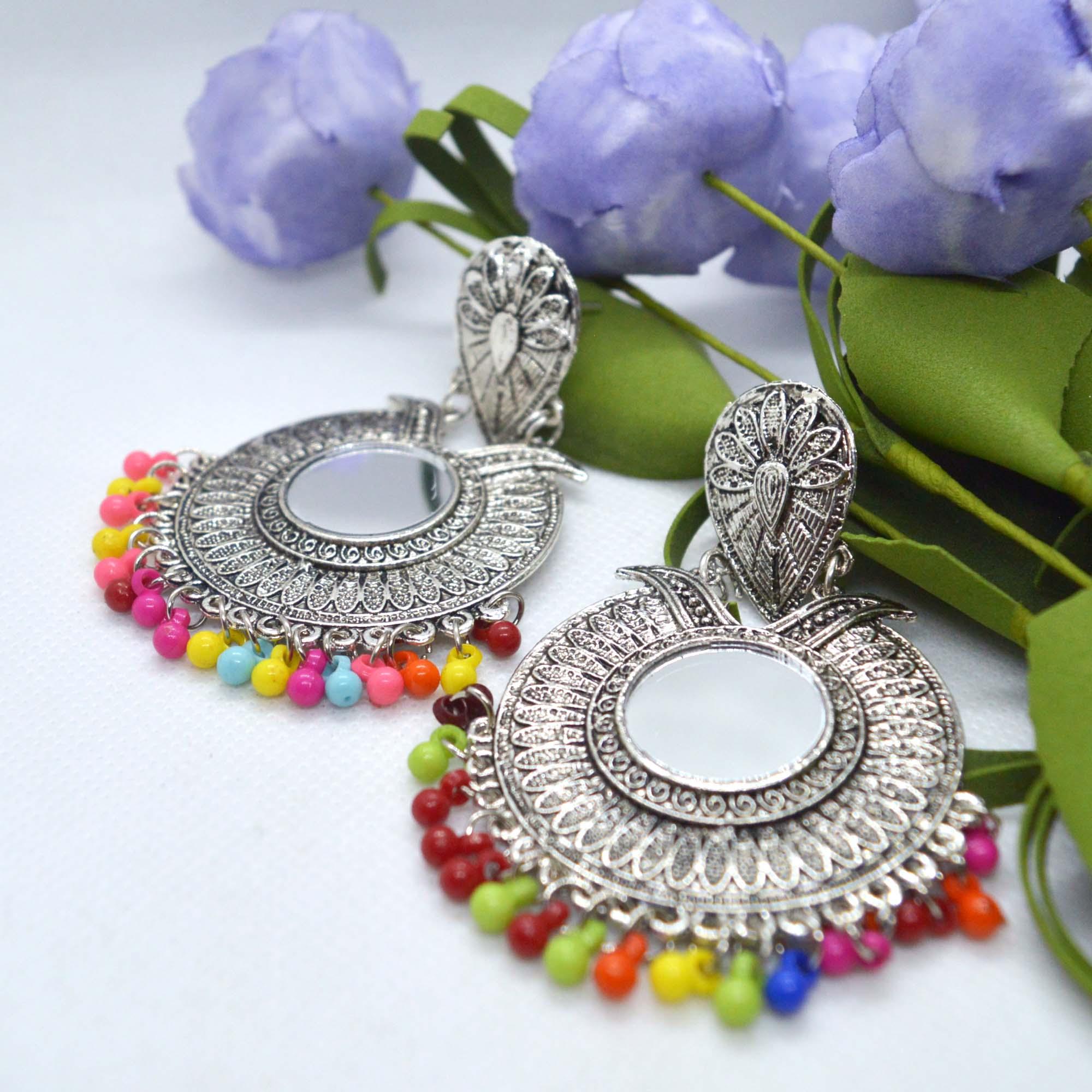 Round Mirror Embellished Multicolored Beads Pinjada Drop Earrings For Women - Image 4