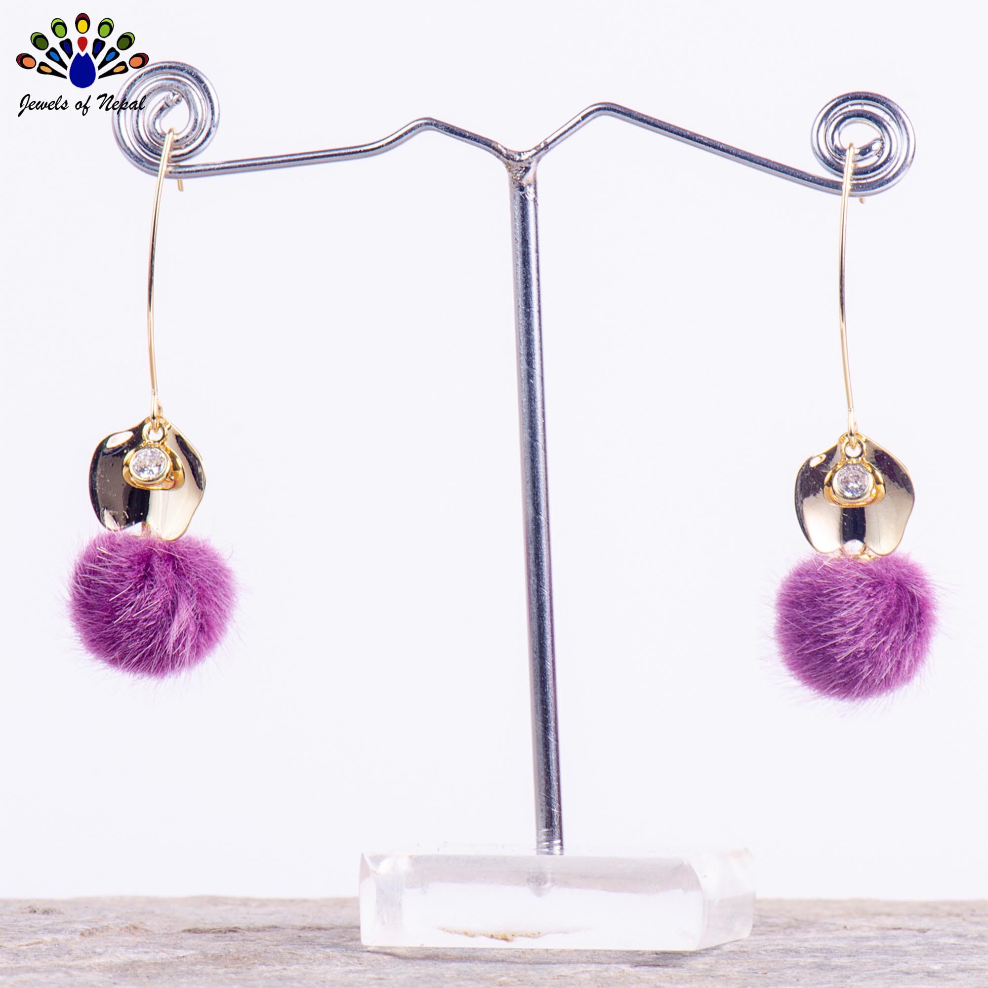 Purple Pom Drop Earrings For Women-Jewels of Nepal