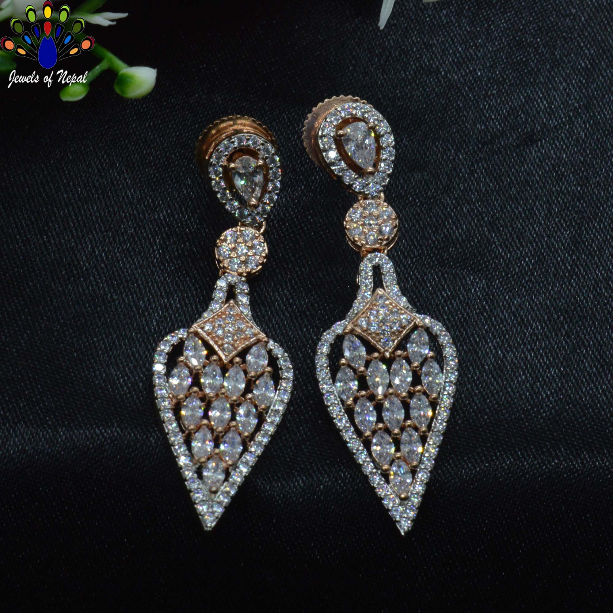 Jewels of Nepal American Diamond Stone Studded Leaf Designed Drop Earrings for Women - Image 3