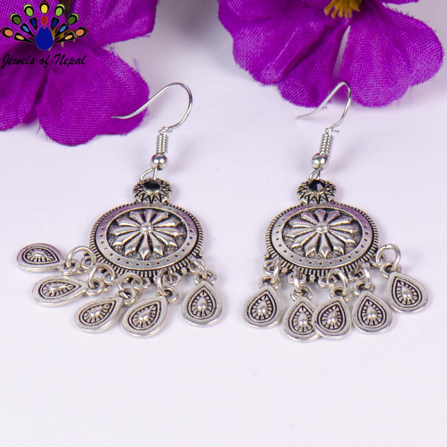 Silver/Black Stoned Metallic Tasseled Earrings For Women- Jewels of Nepal - Image 2