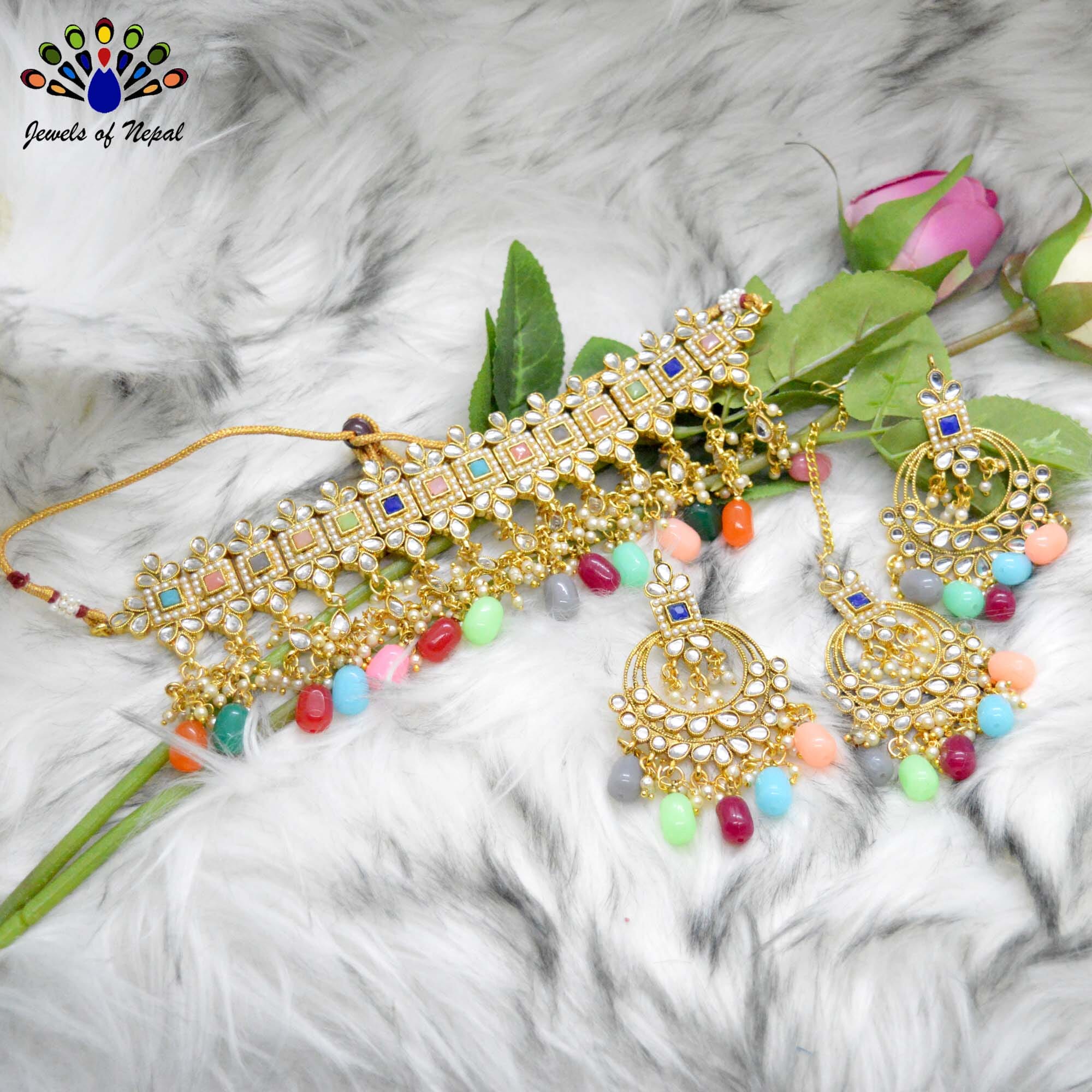 Faux Moti & Beads Beaded Adjustable Choker Set With Earrings & Maangtika by Jewels of Nepal - Image 5