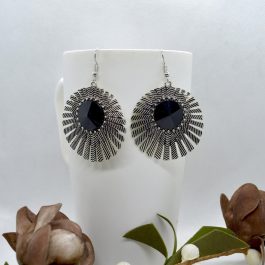 Silver/Black Stone Studded Self Patterned Round Drop Earrings For Women