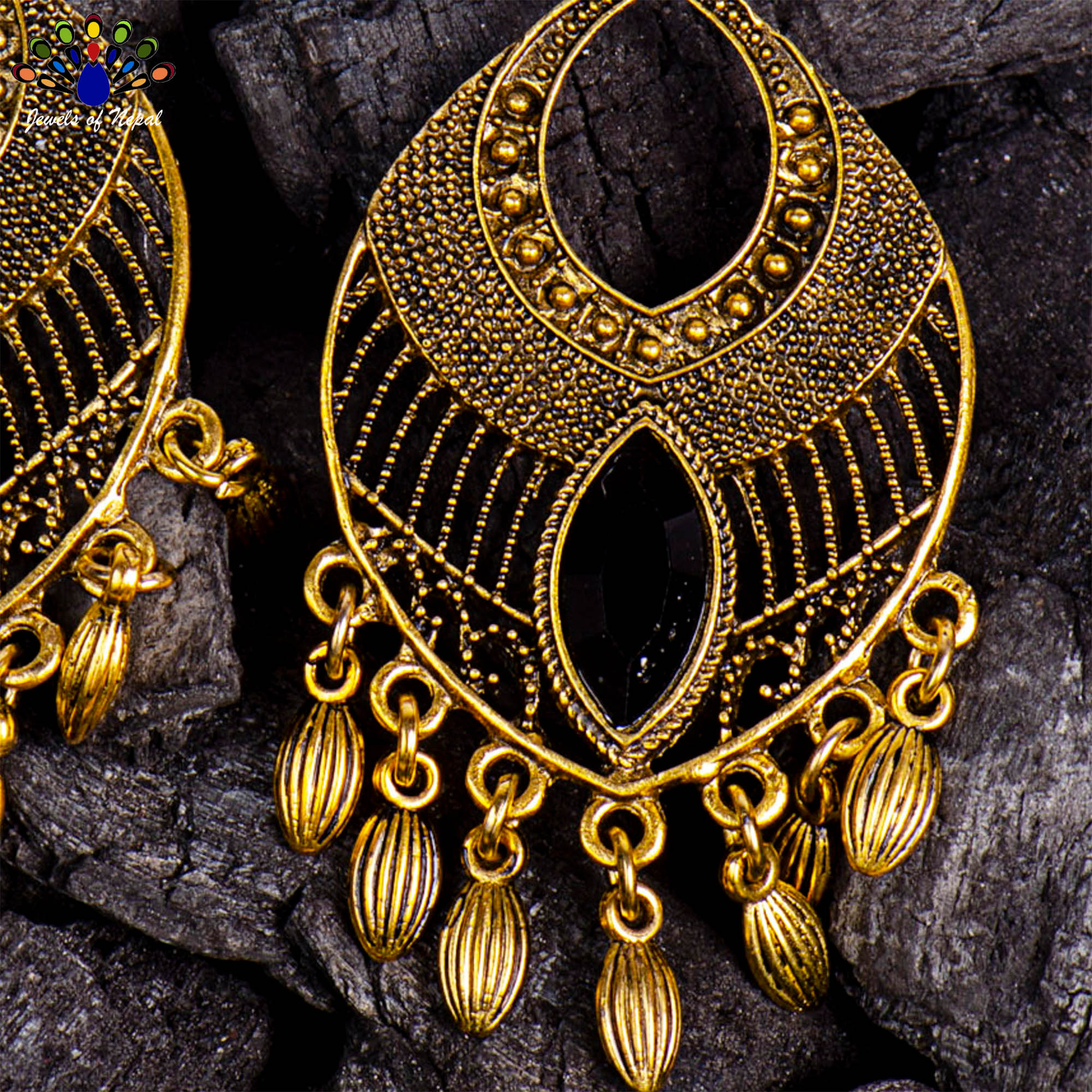 Golden/Black Drop Design Dot Textured Tassel Earrings For Women - Image 2