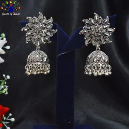 Jewels of Nepal Silver Stone Studded Flower Designed Top Pinjada Earrings For Women