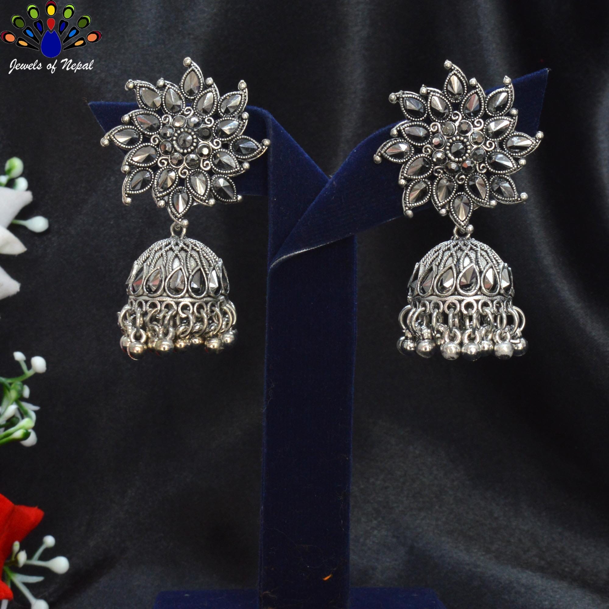 Jewels of Nepal Silver Stone Studded Flower Designed Top Pinjada Earrings For Women