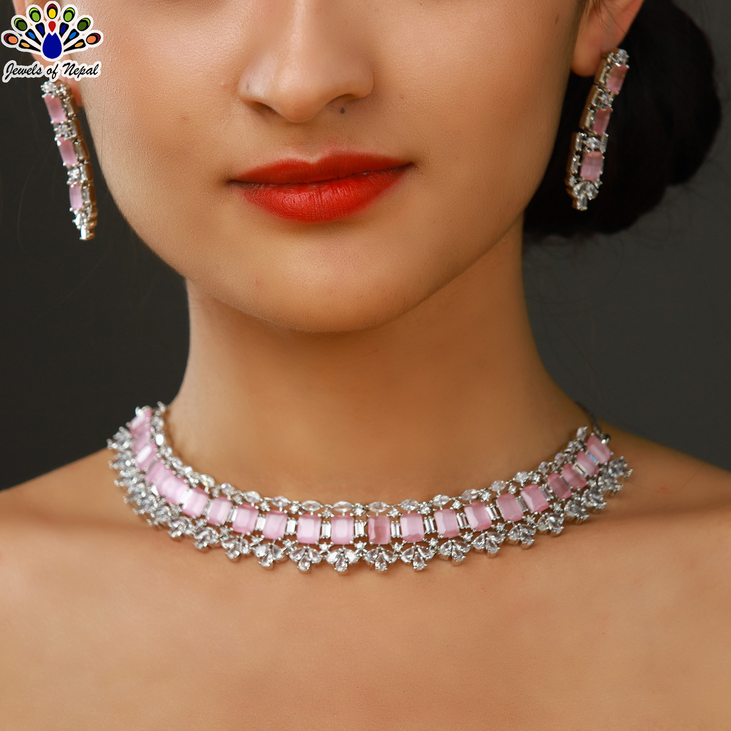 Jewels of Nepal American Diamond Studded Choker Necklace & Earrings Set for Women - Image 6