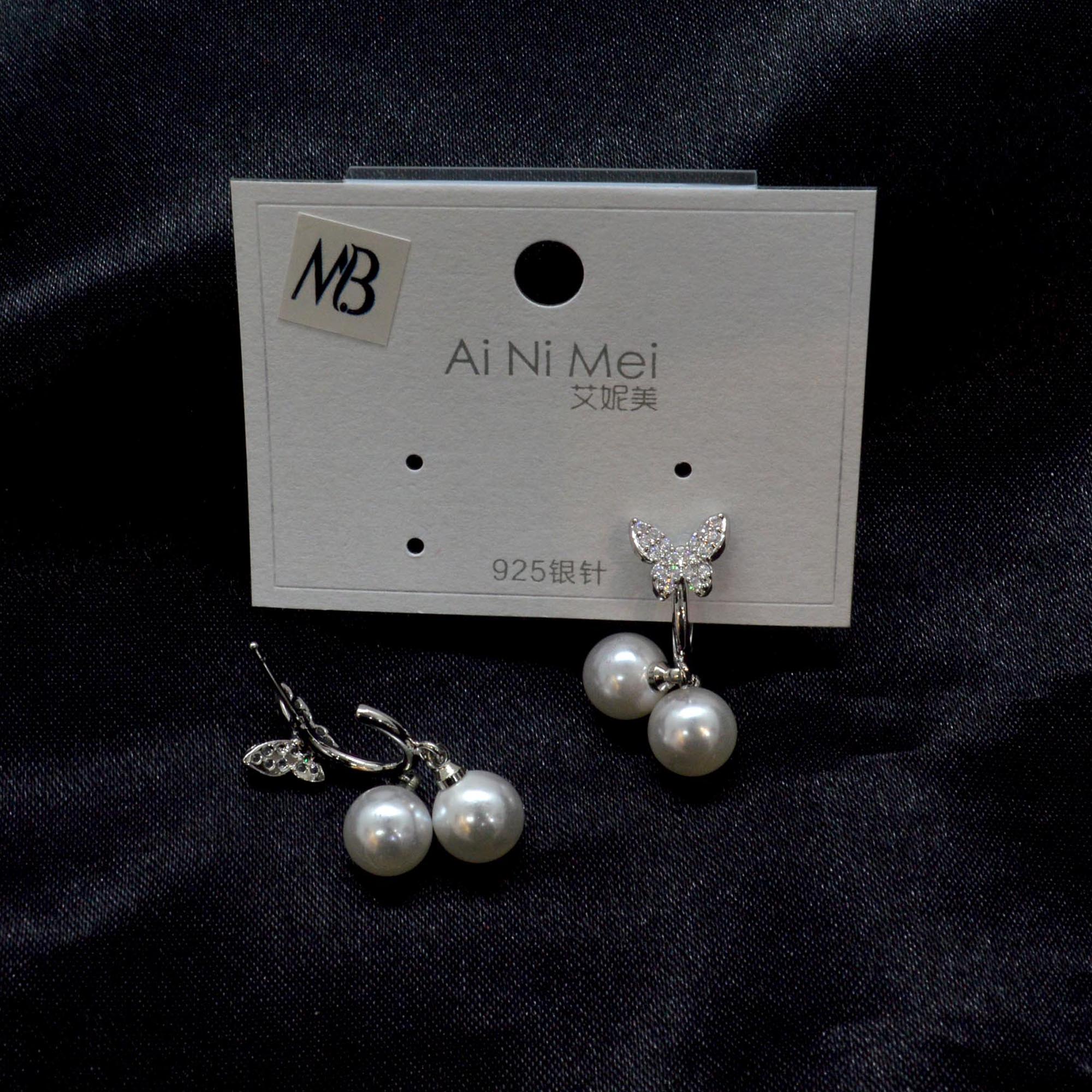 Jewels of Nepal CZ Stones Studded S925 Butterfly Designed Faux Pearl Drop C-Hoop Earrings For Women - Image 2