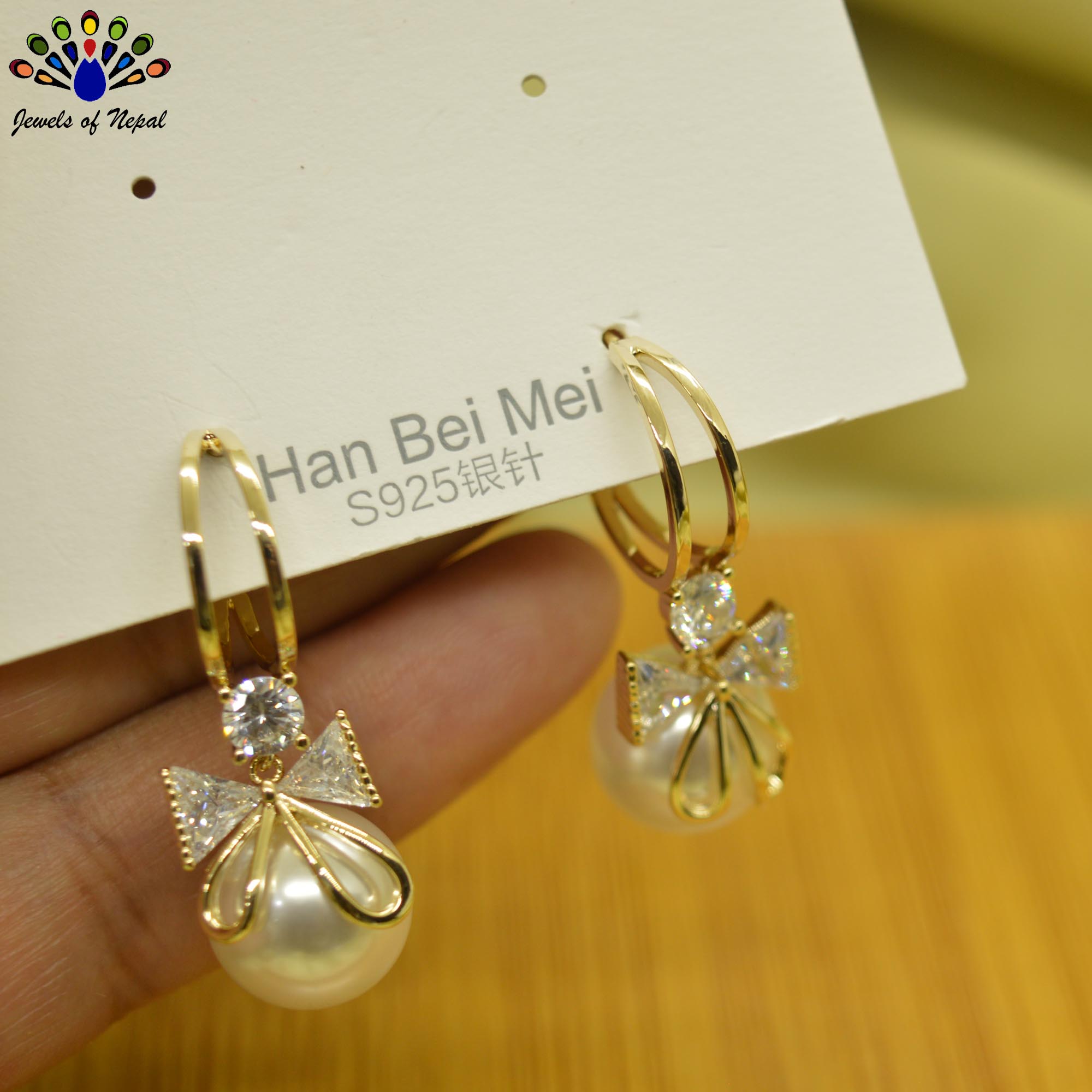 Jewels of Nepal CZ Stones Studdd S925 Faux Moti Drop Dangling C-Hoop Earrings For Women - Image 4