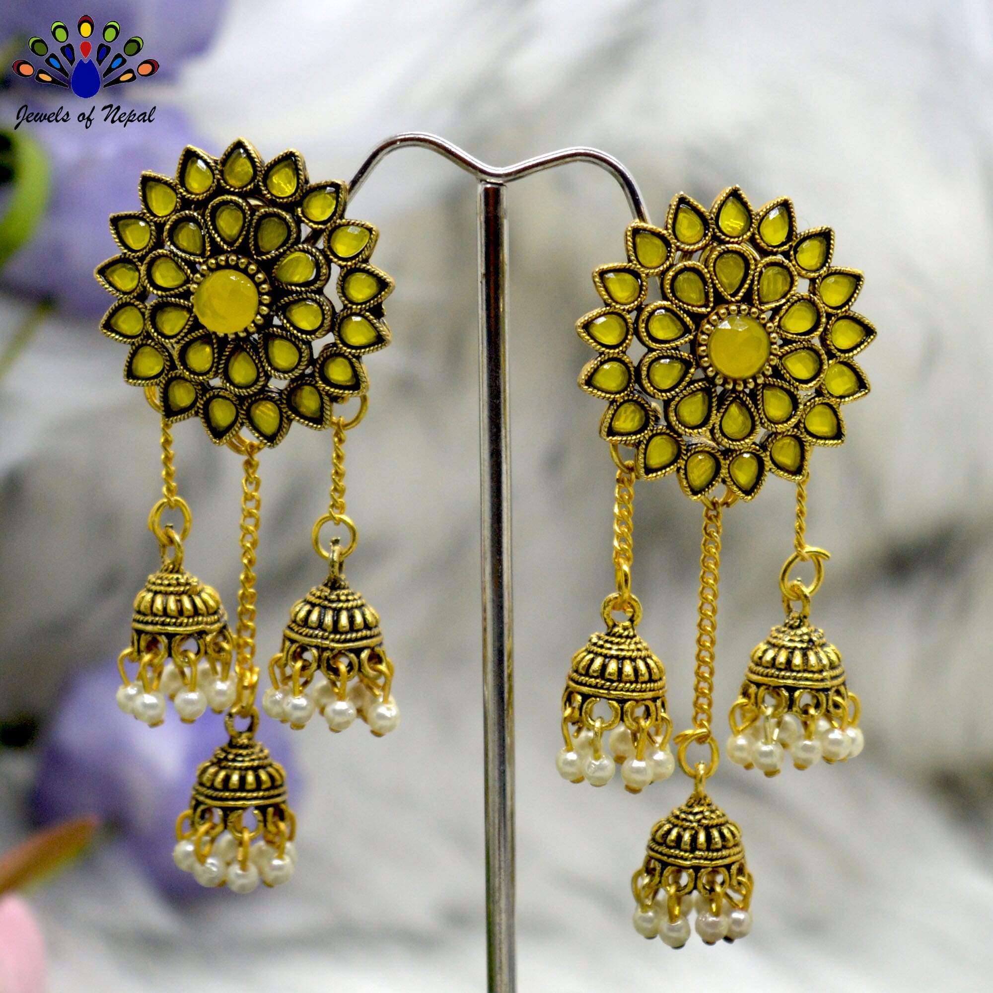 Floral Designed Top Chain Pinjada Drop Earrings for Women