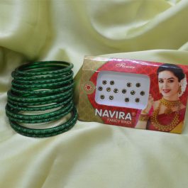 Shrawan Special Green Glass Bangles/ Kaanch Chura Set of 12 pcs + 1 pkt Green Bindi