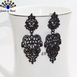Black Lace Textured Metallic Dangle Earrings for Women- Jewels of Nepal