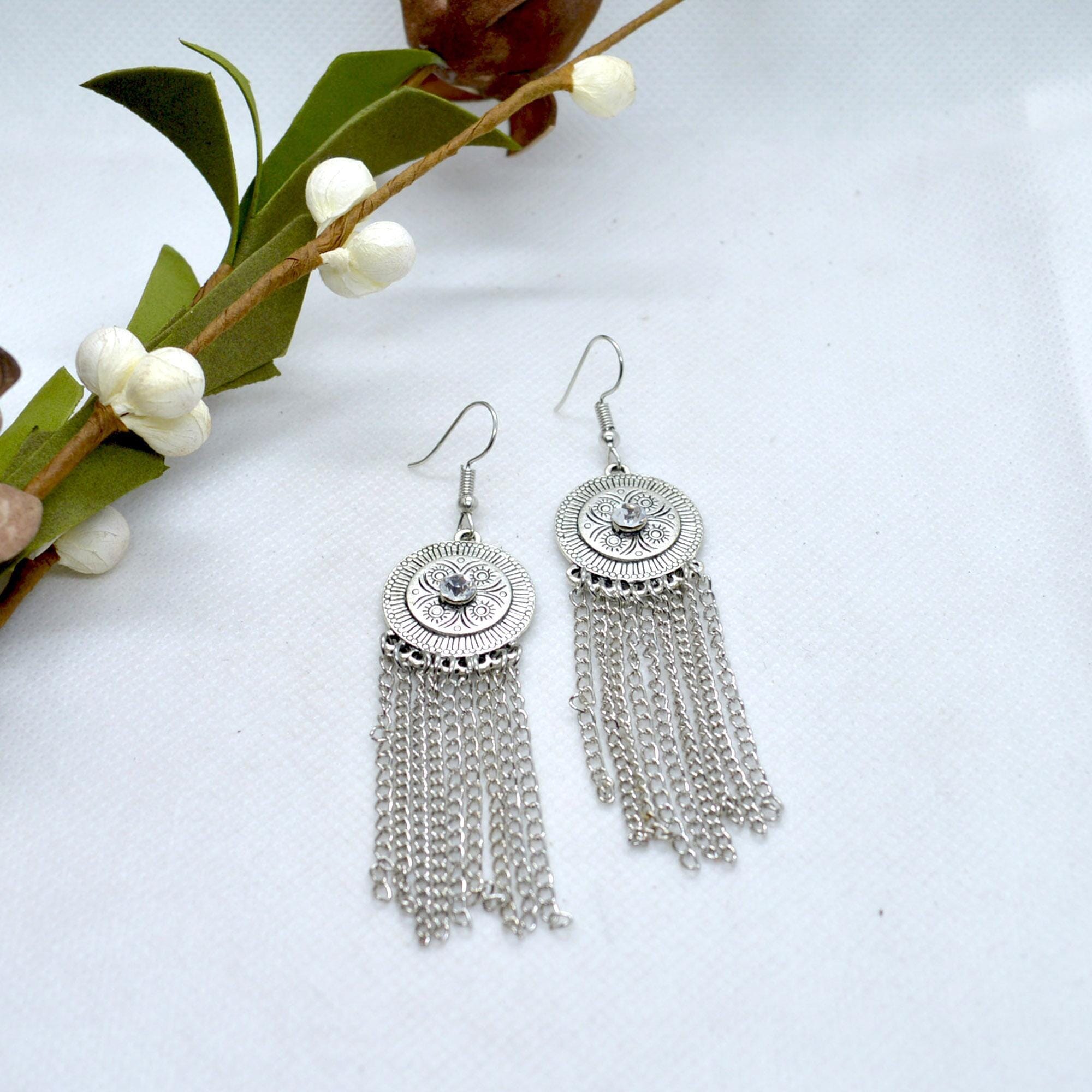 Silver/White Stoned Round Aztec Patterned Chain Tassel Earrings For Women