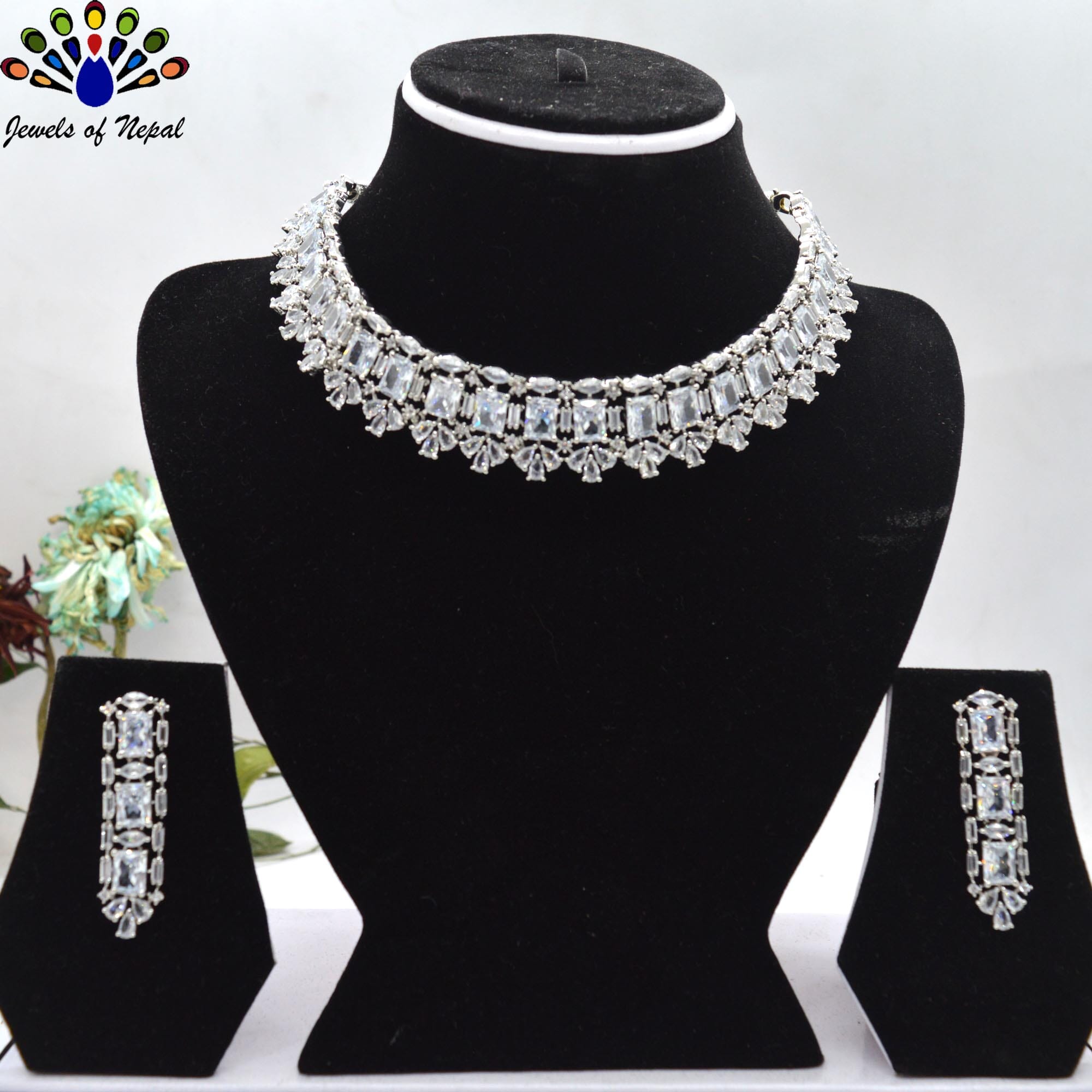 Jewels of Nepal American Diamond Studded Choker Necklace & Earrings Set for Women