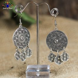 Silver Self Patterned Circular Tasseled Dangling Earrings - Jewels of Nepal