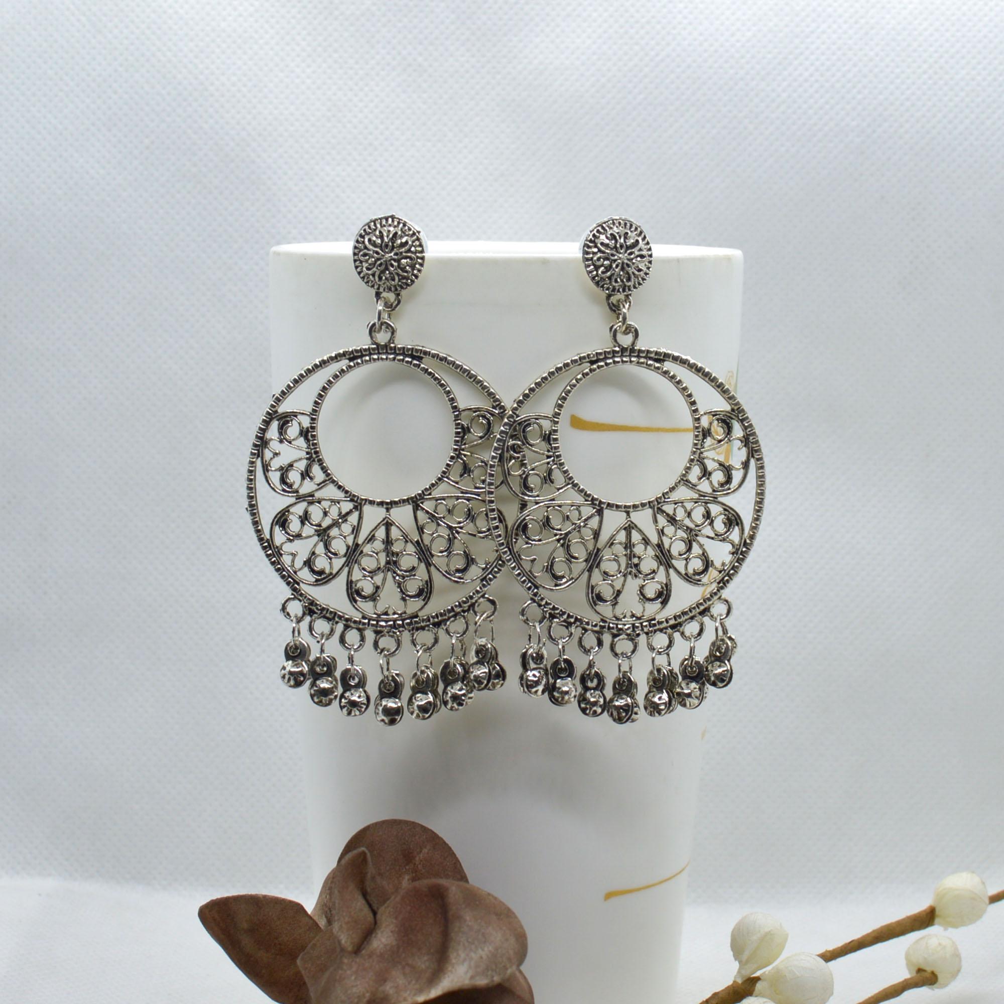 Silver Top Round Self Patterned Dangle Earrings For Women - Image 3