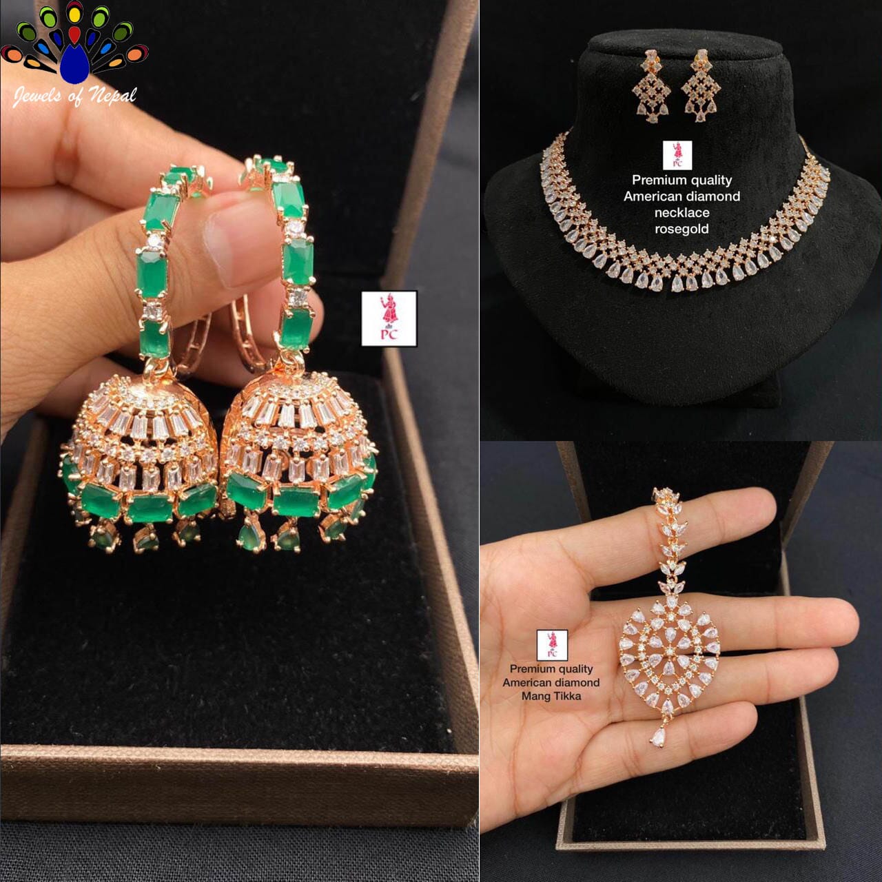Jewels of Nepal American Diamond Set- Necklace, Earrings and Ring Pinjada Earrings with Tika Set for Women - Image 2