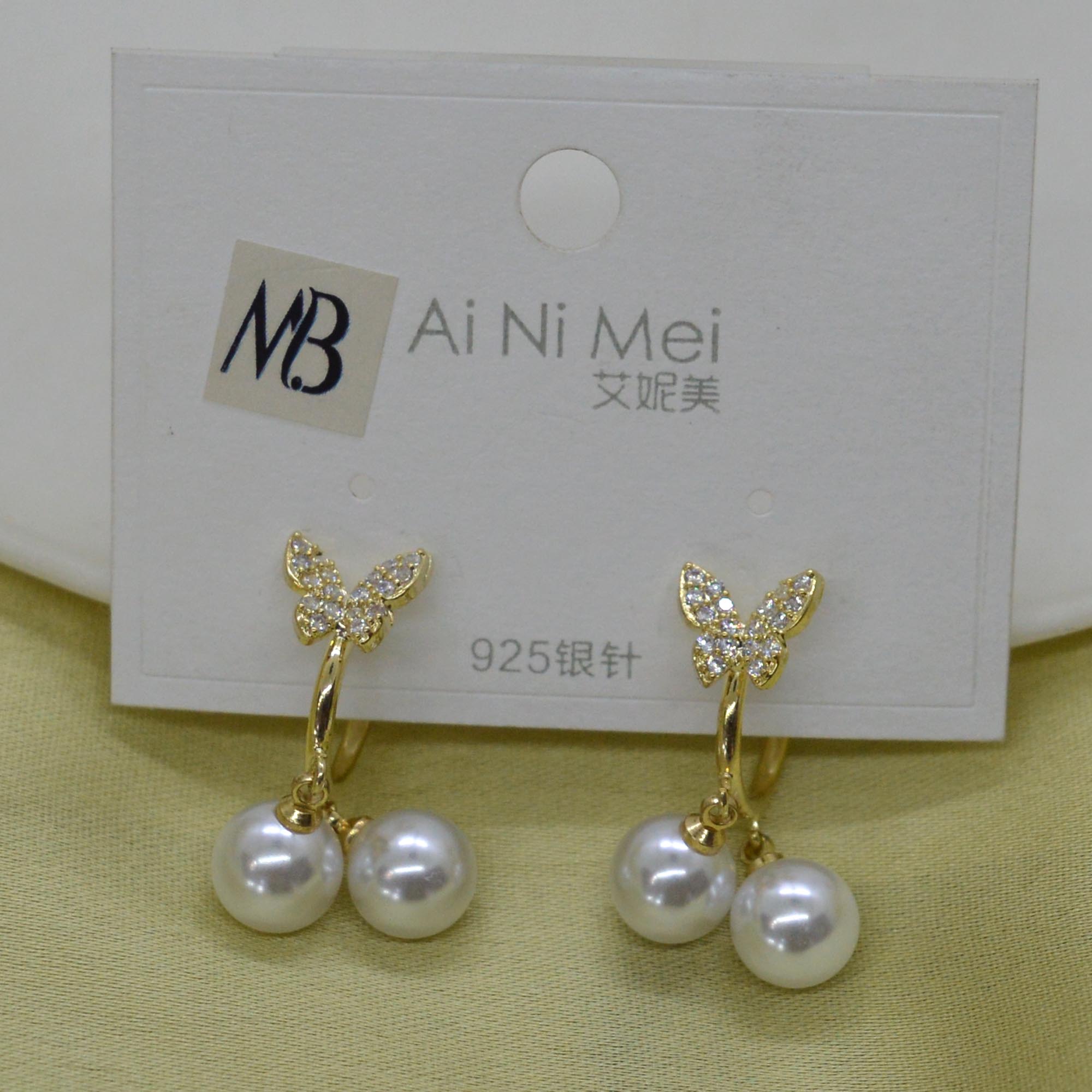 Jewels of Nepal CZ Stones Studded S925 Butterfly Designed Faux Pearl Drop C-Hoop Earrings For Women - Image 5