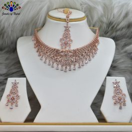 Jewels of Nepal American Diamond Rose Gold Choker Necklace, Earrings & Tika Set for Women