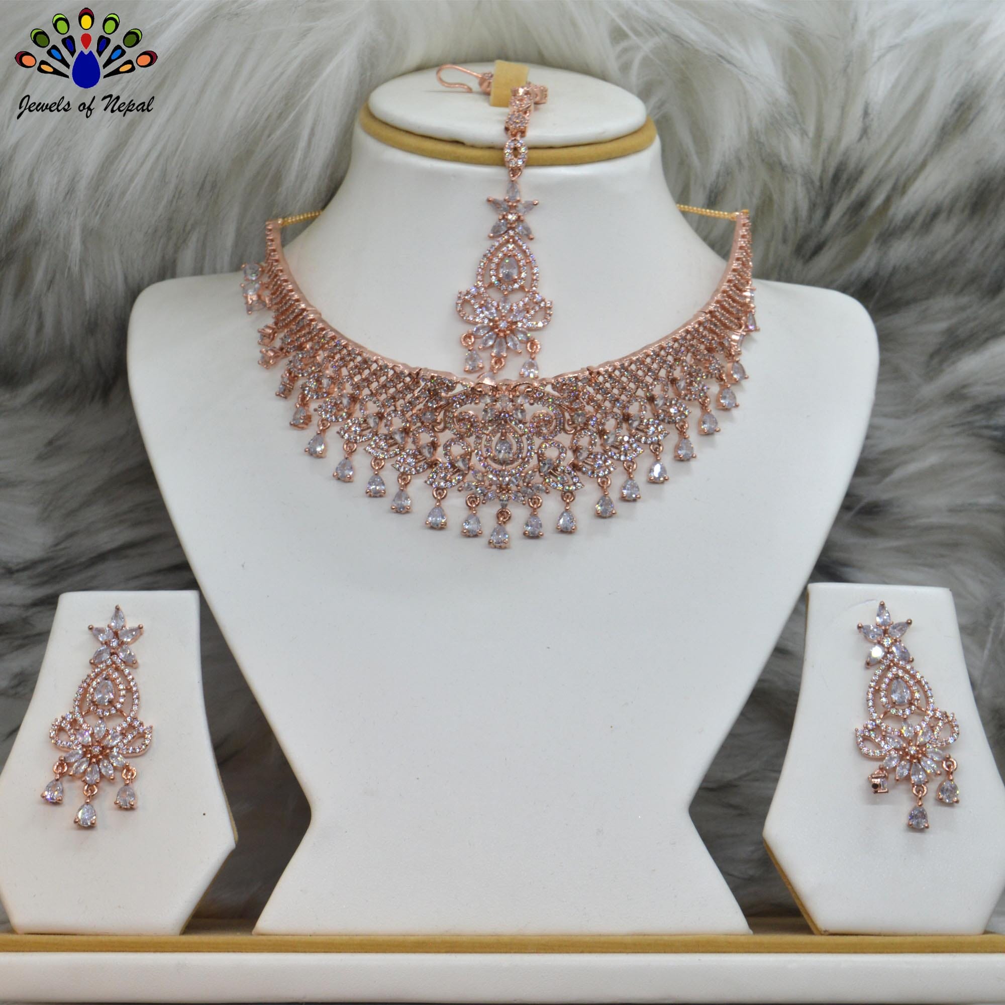 Jewels of Nepal American Diamond Rose Gold Choker Necklace, Earrings & Tika Set for Women
