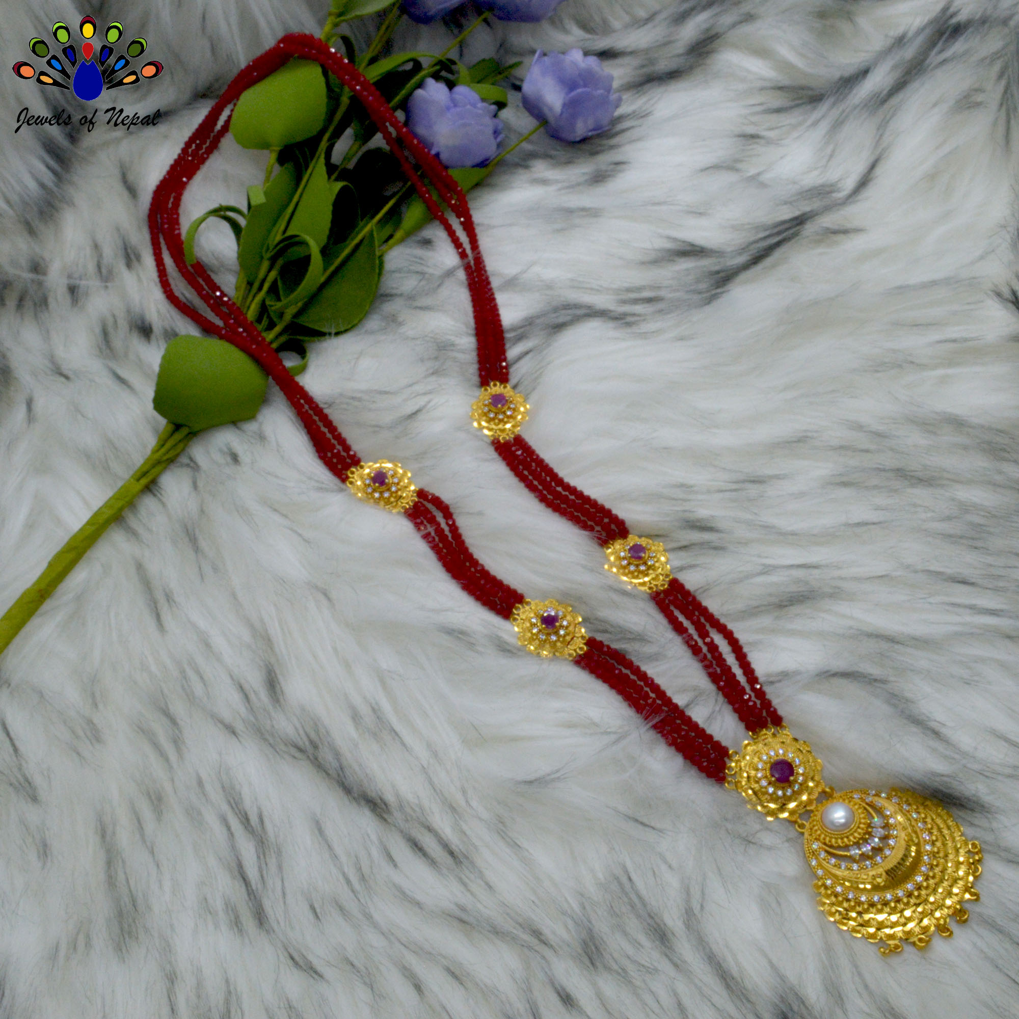 Chandbali Designed Gold Plated Crystal Beaded Ranihaar For Women - Image 2