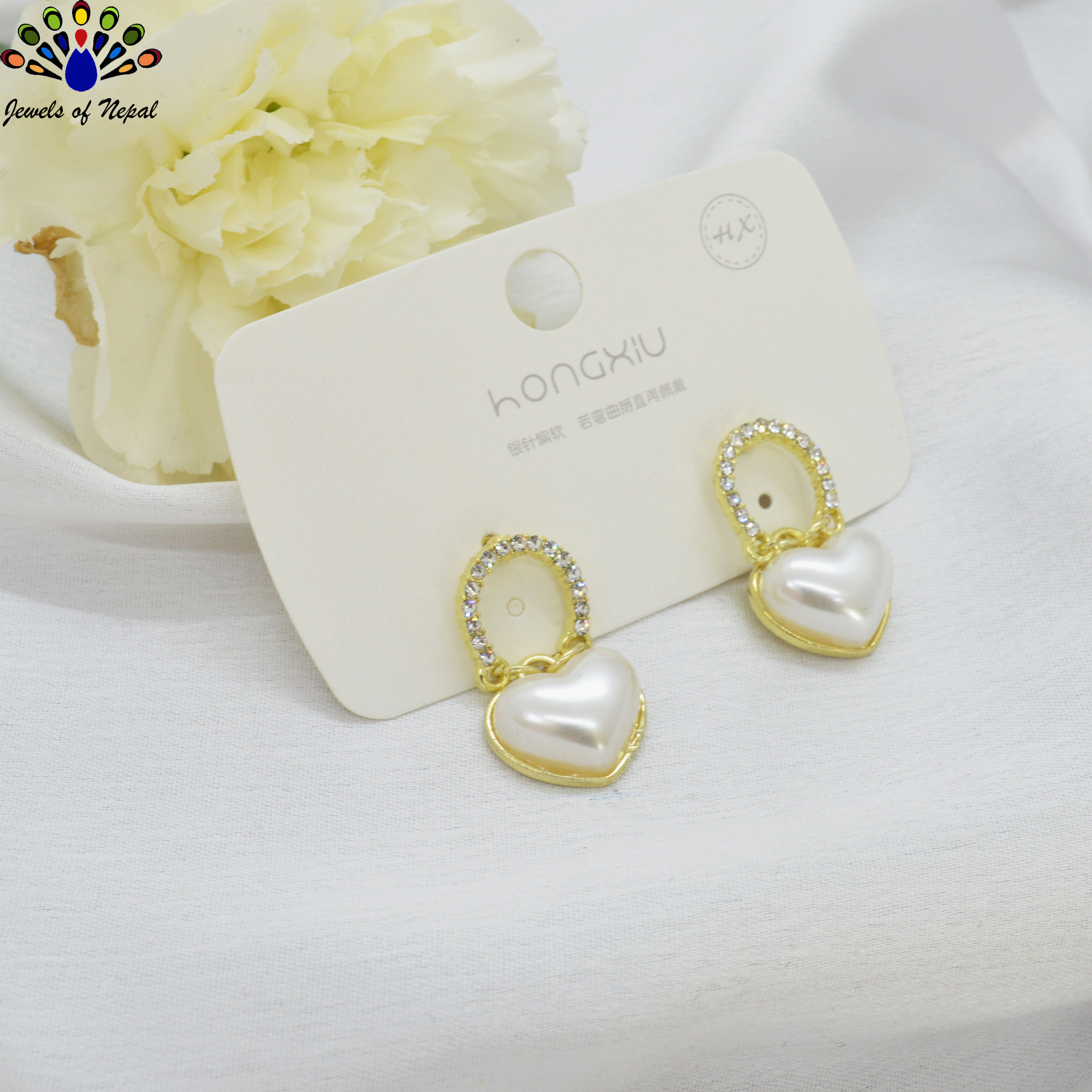 Jewels of Nepal Korean Stone Studded Faux Moti Heart Dangling Earrings For Women