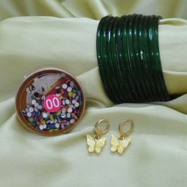 Shrawan Special Green Cut Patterned Glass Bangles/ Chura Set with Butterfly Earrings for Women