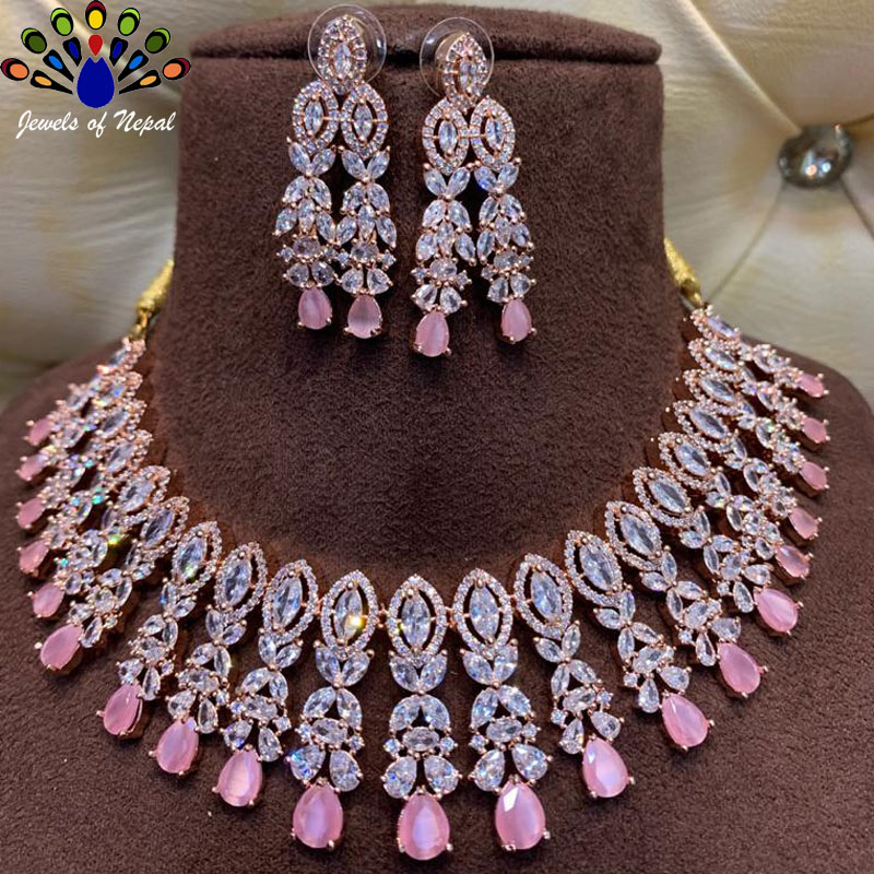 American Diamond / Cubic Zirconia AAA Studded Necklace and Earrings Set - Jewels of Nepal - Image 2