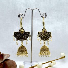 Oxidized Golden Tribal Designed Pinjada Drop Earrings For Women