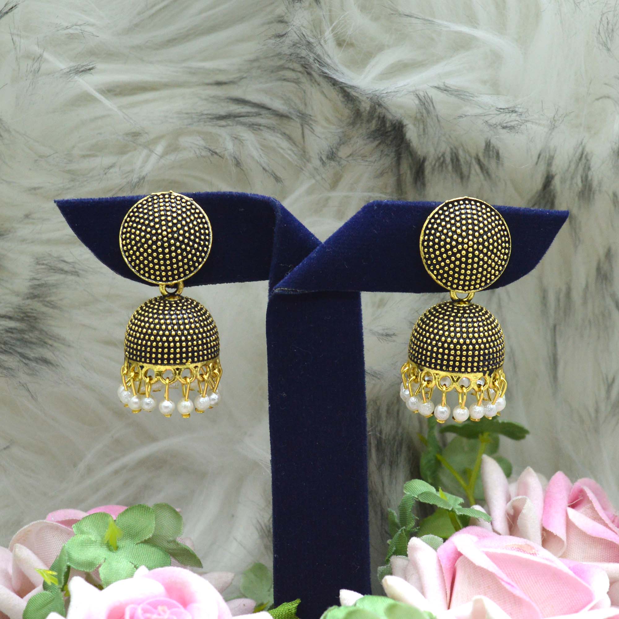 Jewels of Nepal Oxidized Gold Toned Round Top Dot Textured Pinjada Jhumki Earrings For Women - Image 2