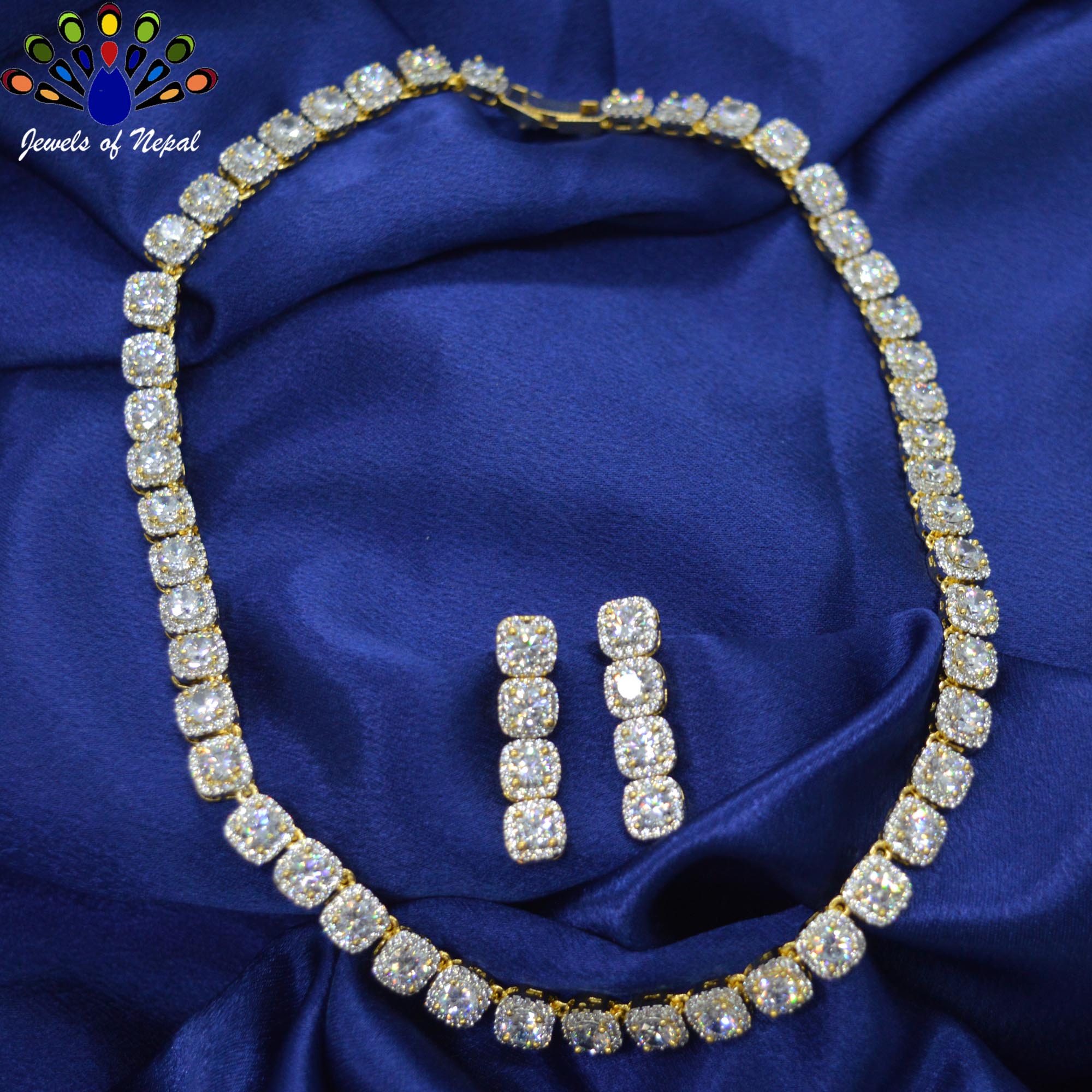 Jewels of Nepal American Diamond / Cubic Zirconia 5A Full Stone Studded Lined Necklace and Earrings Set for Women - Image 2