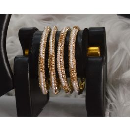 Jewels of Nepal White Golden Stones and Beads Beaded Metal Bangles Set For Women- Set of 4 pcs