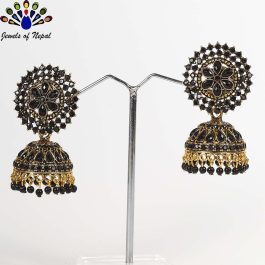Black Stone Studded Golden Flower Top Pinjada Earrings - Jewels of Nepal