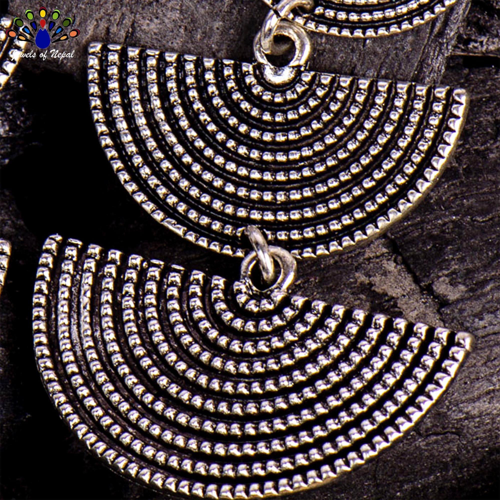 Silver Dot Textured Half Circular 3 Tiered Earrings - Image 2