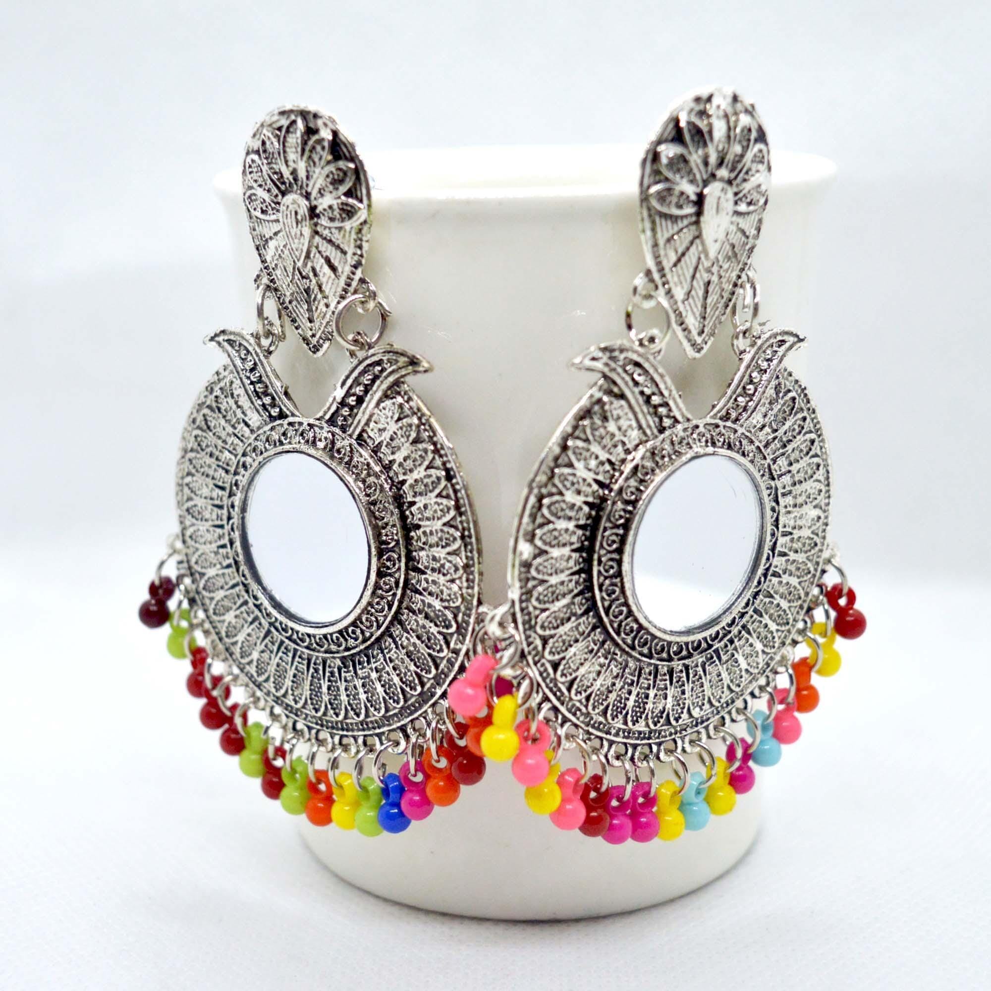 Round Mirror Embellished Multicolored Beads Pinjada Drop Earrings For Women - Image 3
