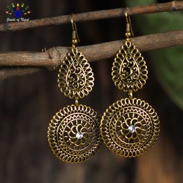 Antique Golden Toned Cut Patterned Earrings - Jewels of Nepal