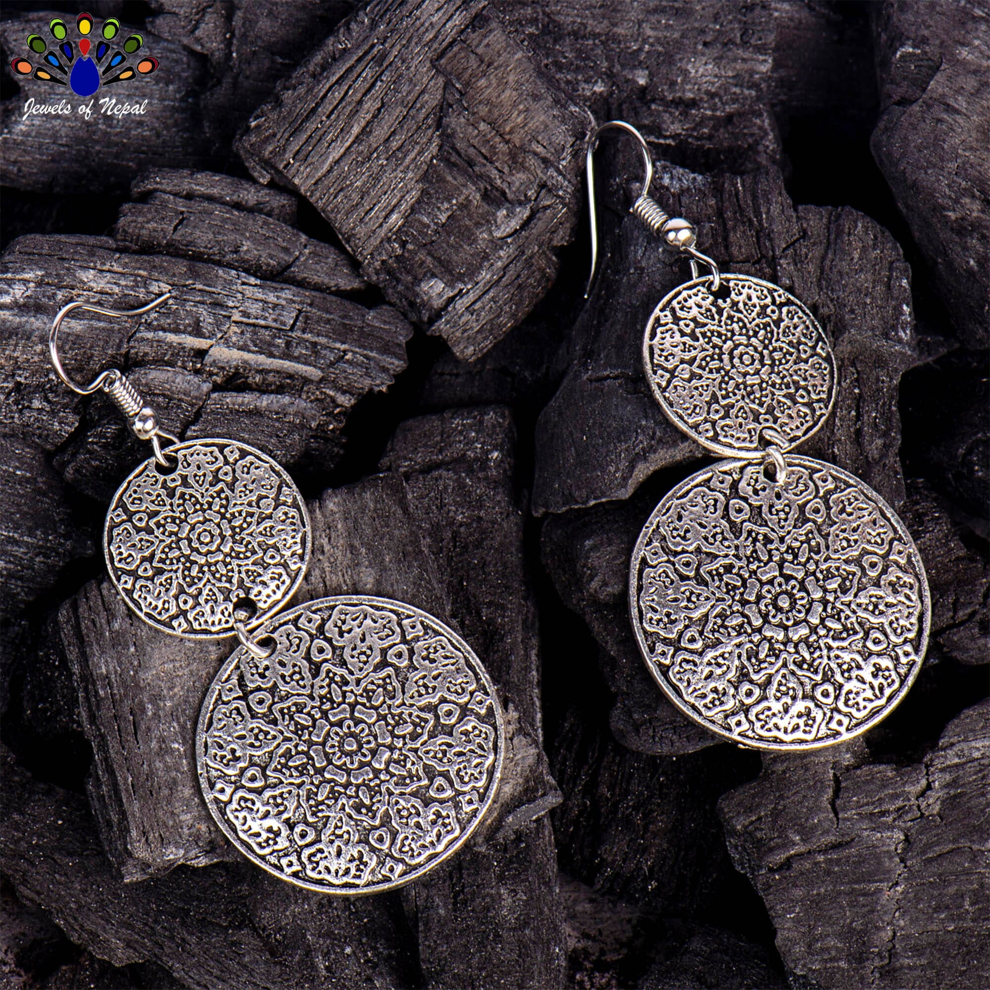 Silver Double Round Mandala Designed Drop Earrings For Women