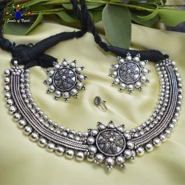 Silver Oxidized Floral Tribal Designed Choker Necklace Set by Jewels of Nepal