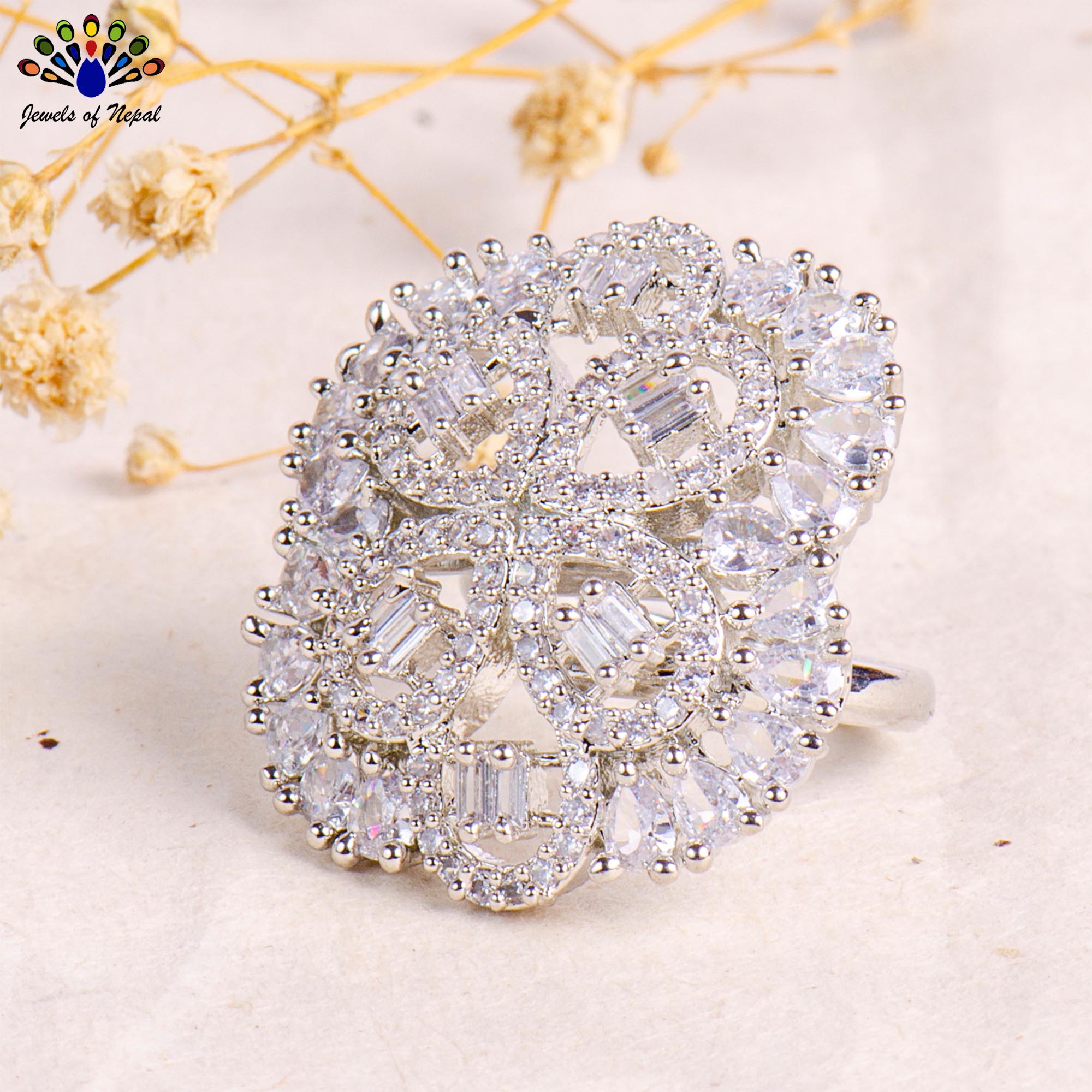 American Diamond Embellished Clover Shaped Cocktail Finger Ring For Women- Jewels of Nepal - Image 2
